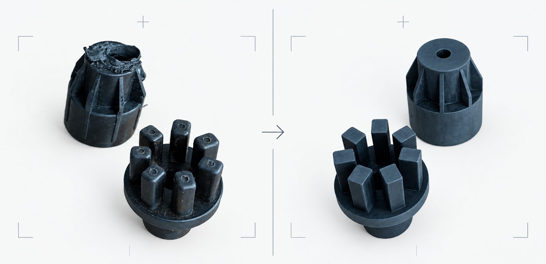 Accouplement plastique refabriqué — avant / après